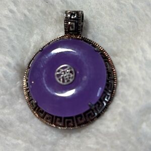 VINTAGE BURMESE LAVENDER PURPLE JADEITE JADE A DONUT STERLING GREEK KEY PENDANT